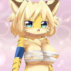 Rule 34 | 1girl, animal ears, armlet, blonde hair, blue eyes, blush, breasts, budget sarashi, commentary request, fullbokko heroes, furry, furry female, large breasts, lets0020, looking at viewer, medium bangs, nipples, open mouth, pink background, sarashi, short hair, smile, solo, sparkle, tiger ears, tiger girl, upper body, v-shaped eyebrows, zhang fei (fullbokko heroes)