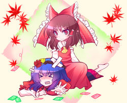 Rule 34 | &gt;:), &gt; &lt;, 2girls, :&gt;, ascot, bad id, bad pixiv id, bandages, bandaid, blue hair, bow, brown hair, detached sleeves, closed eyes, female focus, hair bow, hakurei reimu, highres, multiple girls, open mouth, power-up, red eyes, shino (mijinko), sitting, sitting on person, smile, touhou, v-shaped eyebrows, yasaka kanako