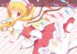 Rule 34 | 1girl, alternate hairstyle, blonde hair, blush, crystal, female focus, flandre scarlet, niki (aroma terrace), one eye closed, puffy sleeves, red eyes, shibainu niki, short hair, short sleeves, solo, star (symbol), thighhighs, touhou, twintails, white thighhighs, wings, wink