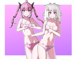 Rule 34 | 2girls, absurdres, ahoge, animal ears, belly, blue eyes, bow, bra, braid, breasts, commission, dog ears, gram pico, hair bow, hair ornament, hair ribbon, highres, kokoromo memory, long hair, multiple girls, navel, panties, phase connect, phase connect jp, pink bra, pink eyes, pink hair, pink panties, pointy ears, ribbon, simple background, small breasts, thighs, twin braids, underwear, underwear only, virtual youtuber, white bra, white hair, white panties