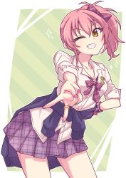 Rule 34 | 1girl, black cardigan, blush, bow, brown eyes, cardigan, cardigan around waist, clothes around waist, collarbone, collared shirt, commentary request, diagonal-striped bow, dress shirt, e20, green background, grin, hair between eyes, highres, idolmaster, idolmaster cinderella girls, jougasaki mika, leaning forward, looking at viewer, nail polish, outside border, pink hair, pink nails, plaid, plaid skirt, pleated skirt, purple bow, purple skirt, shirt, short sleeves, side ponytail, skirt, smile, solo, sparkle, striped, striped background, white shirt