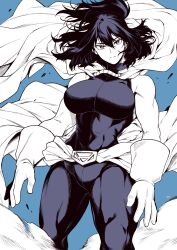Rule 34 | 1girl, blue background, bodysuit, boku no hero academia, breasts, cape, closed mouth, gloves, hair between eyes, highres, large breasts, looking at viewer, mole, mole under mouth, muscular, muscular female, shimura nana, short hair, simple background, sleeveless, sleeveless bodysuit, solo, superhero costume, takatsuki ichi