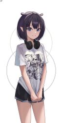 Rule 34 | 1girl, absurdres, black shorts, blue eyes, closed mouth, commentary request, headphones, highres, hololive, hololive english, looking at viewer, mole, mole under eye, ninomae ina&#039;nis, ninomae ina&#039;nis (loungewear), niokai, partial commentary, pointy ears, print shirt, purple hair, shirt, short hair, shorts, smile, solo, standing, tentacle hair, virtual youtuber, white background, white shirt
