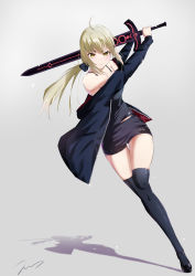 Rule 34 | 1girl, absurdres, ahoge, artoria pendragon (all), artoria pendragon (fate), black bow, black footwear, black jacket, black shorts, black thighhighs, blonde hair, blush, bow, closed mouth, collarbone, error1945, excalibur morgan (fate), fate/stay night, fate (series), floating hair, full body, grey background, hair between eyes, hair bow, highres, holding, holding sword, holding weapon, jacket, leg up, long hair, long sleeves, looking at viewer, official alternate costume, open clothes, open jacket, ponytail, saber alter, saber alter (ver. shinjuku 1999) (fate), shadow, shiny clothes, shiny legwear, short shorts, shorts, signature, solo, sword, thigh gap, thighhighs, weapon, yellow eyes