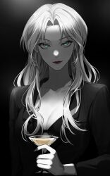 Rule 34 | 1girl, alcohol, aqua eyes, black bra, black jacket, black nails, bra, breasts, bucket mang, cleavage, cocktail glass, collarbone, commentary, cup, dark background, drinking glass, earrings, formal, greyscale, hair intakes, hair over shoulder, highres, holding, holding cup, jacket, jewelry, korean commentary, lapels, long hair, looking at viewer, medium breasts, meitantei conan, monochrome, nail polish, notched lapels, solo, spot color, stud earrings, underwear, upper body, vermouth (meitantei conan)
