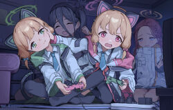 Rule 34 | 4girls, absurdres, animal ear headphones, animal ears, aris (blue archive), black hair, black halo, black thighhighs, blonde hair, blue archive, blue necktie, blush, cat tail, closed eyes, collared shirt, commentary request, controller, fake animal ears, flat chest, game controller, game development department (blue archive), green eyes, green halo, halo, headphones, highres, holding, holding controller, holding game controller, id card, jacket, long hair, midori (blue archive), momoi (blue archive), multicolored clothes, multicolored jacket, multiple girls, necktie, pink halo, playing games, purple eyes, red eyes, red hair, shijiuuuuuuu, shirt, short hair, tail, thighhighs, twitter username, two-tone jacket, white shirt, yuzu (blue archive)