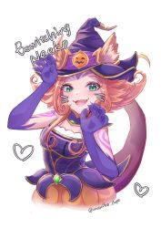 Rule 34 | 1girl, :d, artist name, bewitching neeko, blonde hair, blush, breasts, character name, claws, fangs, green eyes, halloween, hands up, hat, heart, highres, league of legends, lower teeth only, medium breasts, medium hair, momikodayo, neeko (league of legends), open mouth, simple background, smile, solo, tail, teeth, white background, witch hat