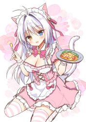 Rule 34 | 1girl, :d, aina rive, animal ear fluff, animal ears, antenna hair, apron, bell, blue eyes, blush, bow, breasts, cat ears, cat girl, cat tail, cleavage, collar, commentary request, detached collar, dress, floral background, food, frilled apron, frilled dress, frills, full body, hair between eyes, hair intakes, heart, heterochromia, holding, holding plate, jingle bell, long hair, maid headdress, mauve, medium breasts, omelet, omurice, open mouth, original, pink bow, pink dress, plate, puffy short sleeves, puffy sleeves, short sleeves, silver hair, sitting, smile, solo, striped clothes, striped thighhighs, tail, thighhighs, very long hair, wariza, white apron, white collar, wing collar, wrist cuffs, yellow eyes