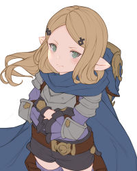 Rule 34 | 1girl, armor, belt, black gloves, blonde hair, blue cloak, blush, breastplate, cloak, closed mouth, cowboy shot, crossed arms, gloves, granblue fantasy, green eyes, hair ornament, harvin, holster, hood, hood down, hooded cloak, long sleeves, looking at viewer, milleore, pointy ears, pouch, purple shirt, shirt, shorts, shoulder armor, simple background, solo, thigh holster, white background, wuming