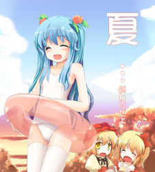 Rule 34 | 3girls, aki minoriko, aki shizuha, alternate hairstyle, blonde hair, blue hair, day, female focus, flat chest, food, food-themed clothes, food as clothes, fruit, hat, hinanawi tenshi, innertube, leaf, long hair, multiple girls, niiya, one-piece swimsuit, peach, school swimsuit, short hair, swim ring, swimsuit, thighhighs, touhou, translated, twintails, white legwear, white one-piece swimsuit, white school swimsuit