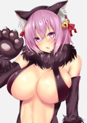 Rule 34 | 1girl, animal ears, animal hands, bell, blush, breasts, cat ears, cat paws, commentary request, cosplay, dangeroes beast (illya), elbow gloves, eyes visible through hair, fang, fate/grand order, fate/kaleid liner prisma illya, fate (series), gloves, hair bell, hair ornament, highres, illyasviel von einzbern, illyasviel von einzbern (cosplay), large breasts, looking at viewer, mash kyrielight, navel, official alternate costume, open clothes, open mouth, purple eyes, purple hair, sankakusui, short hair, solo, tearing up, upper body