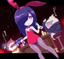 Rule 34 | 1girl, 2boys, ameonna (youkai watch), bar (place), bar stool, blue hair, blush, bow, bowtie, embarrassed, flat chest, hat, high heels, holding, holding tray, holding umbrella, jibanyan, leotard, multiple boys, nollety, pantyhose, playboy bunny, poker, poker chip, poker table, rain, red bow, red bowtie, red eyes, sitting, stiletto heels, stool, table, thighs, top hat, tray, tuxedo, umbrella, whisper (youkai watch), youkai watch