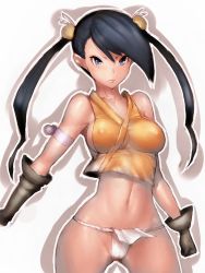 Rule 34 | 1girl, black eyes, black hair, breasts, fumio (rsqkr), fundoshi, gloves, hibachi (mushibugyou), japanese clothes, long hair, looking at viewer, mushibugyou, navel, serious, shadow, sideboob, simple background, solo, twintails, white background