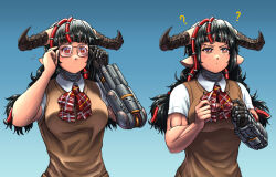 Rule 34 | 1girl, ?, animal ears, bare arms, black hair, blue background, blunt bangs, bow, bowtie, breasts, brown vest, closed mouth, commentary, cow ears, cyberdemon, cyborg, demon girl, doom (series), dot mouth, glasses, gradient background, holding, holding removed eyewear, horns, large breasts, long hair, mechanical arms, multiple views, personification, plaid, plaid bow, plaid bowtie, red bow, red bowtie, red eyes, shirt, short sleeves, simple background, single mechanical arm, substance20, symbol-only commentary, unworn eyewear, upper body, vest, white shirt