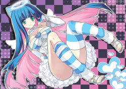 Rule 34 | 10s, 1girl, bad id, bad pixiv id, blue hair, blunt bangs, bracelet, breasts, checkered background, choker, cleavage, colored inner hair, dress, green eyes, halo, jewelry, jpeg artifacts, long hair, loose thighhigh, multicolored hair, nail polish, panty &amp; stocking with garterbelt, pink hair, purple nails, sandals, smile, solo, stocking (psg), striped clothes, striped thighhighs, thighhighs, toenail polish, toenails, two-tone hair, very long hair, yukiwo