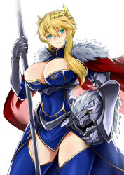 Rule 34 | 1girl, artoria pendragon (all), artoria pendragon (fate), artoria pendragon (lancer) (fate), blonde hair, blue eyes, blue thighhighs, braid, breasts, bursting breasts, cape, cleavage, cleavage cutout, clothing cutout, covered navel, fate/grand order, fate (series), french braid, fur trim, gauntlets, unworn headwear, helmet, unworn helmet, highres, holding, holding weapon, kurobuchi numama, large breasts, long hair, looking at viewer, revision, saber (fate), simple background, solo, thighhighs, weapon, white background