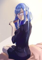 Rule 34 | 1girl, absurdres, aika granzchesta, alternate costume, aria (manga), bed sheet, blue jacket, blue skirt, brushing hair, eyelashes, feet out of frame, formal, from behind, glasses, hands up, highres, holding, indoors, jacket, legs together, long hair, looking at viewer, looking back, nabana yuna, parted bangs, parted lips, red-framed eyewear, shadow, sidelocks, sitting, skirt, solo, swept bangs, yellow eyes