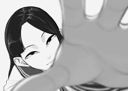 Rule 34 | 1girl, blurry, blurry foreground, female focus, greyscale, highres, kiyoshi2431, light smile, looking at viewer, monochrome, original, outstretched hand, sailor collar, sanpaku, school uniform, solo