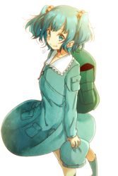 Rule 34 | 1girl, backpack, bag, blue hair, blush, boots, hair bobbles, hair ornament, hat, unworn hat, unworn headgear, unworn headwear, kawashiro nitori, key, looking at viewer, pocket, reizoooko, rubber boots, short hair, simple background, skirt, skirt set, solo, touhou, twintails, two side up, white background