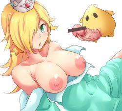 Rule 34 | 1girl, bar censor, bare shoulders, blonde hair, breasts, breasts out, censored, clothes pull, covered navel, creature, crown, dress, dress pull, earrings, erection, green dress, green eyes, hair over one eye, jewelry, large breasts, long hair, looking at viewer, luma (mario), mario (series), mini crown, namikawa shelter, nintendo, nipples, no bra, open mouth, penis, rosalina, simple background, star (symbol), star earrings, super mario galaxy, veins, veiny penis, white background