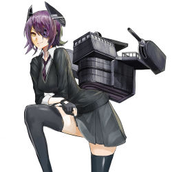 Rule 34 | 10s, 1girl, bad id, bad pixiv id, black thighhighs, breasts, eyepatch, fingerless gloves, gloves, hidezi, kantai collection, large breasts, purple hair, short hair, simple background, skirt, smile, solo, tenryuu (kancolle), thighhighs, white background, yellow eyes