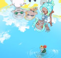 Rule 34 | 1girl, 2boys, blonde hair, blue hair, bow, breasts, cloud, colored sclera, dark-skinned female, dark skin, from above, gradient hair, green eyes, green hair, hair bow, inkling, inkling boy, inkling player character, medium hair, multicolored hair, multiple boys, nintendo, octoling, octoling girl, octoling player character, orange eyes, outstretched arm, paint, parted lips, pointy ears, print shirt, purple eyes, red eyes, red hair, reflection, ripples, sharp teeth, shirt, short hair, sky, smallfry (splatoon), smile, spl8ya, splatoon (series), splatoon 3, tail, teeth, tentacle hair, two-tone hair, water, white bow, white hair, white shirt, yellow sclera