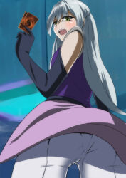 Rule 34 | 1girl, artist request, ass, bare shoulders, card, detached sleeves, elbow gloves, from behind, gloves, grace tyler, green eyes, highres, long hair, looking at viewer, looking back, open mouth, pants, pantylines, solo, very long hair, waist cape, white hair, yu-gi-oh!, yu-gi-oh! arc-v