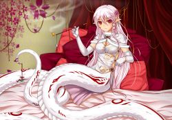 Rule 34 | 1girl, bed, bed sheet, bedroom, blush, breasts, china dress, chinese clothes, cleavage, dress, female focus, flower, gloves, hair ornament, highres, holding, holding smoking pipe, kiseru, lamia, long hair, looking at viewer, midnight (banyex), monster girl, original, pillow, pink hair, pointy ears, red eyes, smile, smoke, smoking, smoking pipe, solo, tail, white gloves