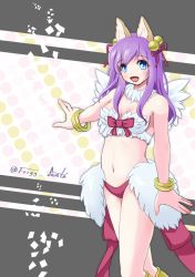 Rule 34 | 1girl, animal ears, bangle, bell, bikini, blue eyes, blush, bow, bracelet, breasts, commentary request, feathered wings, feet out of frame, fox ears, frigg fanta, hair bell, hair ornament, hair ribbon, jewelry, jingle bell, large bow, long hair, looking at viewer, medium breasts, mismatched bikini, open mouth, purple hair, ragnarok online, red bikini, red bow, red ribbon, ribbon, smile, solo, strapless, strapless bikini, swimsuit, twitter username, wanderer (ragnarok online), white bikini, white wings, wings