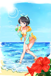 Rule 34 | 1girl, absurdres, aqua hairband, beach, bikini, bikini under clothes, black hair, blue sky, blush, breasts, cleavage, collarbone, commentary request, crazy straw, cup, day, drinking glass, drinking straw, flower, food, fruit, hairband, halterneck, hand on own knee, hand up, heart straw, highres, holding, holding cup, hololive, jacket, lemon, lemon slice, lens flare, light rays, looking at viewer, medium breasts, nagape, nail polish, ocean, one eye closed, oozora subaru, oozora subaru (hololive summer 2019), purple eyes, red flower, sand, short hair, sky, small breasts, smile, solo, standing, standing on liquid, sunbeam, sunlight, swimsuit, toenail polish, toenails, twitter username, virtual youtuber, water