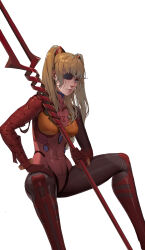 Rule 34 | 1girl, absurdres, alternate hairstyle, bandages, baschyf, blonde hair, blue eyes, breasts, evangelion: 3.0 you can (not) redo, eyepatch, hand on own hip, highres, holding, holding weapon, invisible chair, lance of longinus (evangelion), lips, long hair, looking at viewer, medium breasts, neon genesis evangelion, plugsuit, polearm, realistic, rebuild of evangelion, resolution mismatch, simple background, sitting, skin tight, solo, source larger, souryuu asuka langley, spear, spread legs, twintails, very long hair, weapon, white background, wide hips, wide spread legs