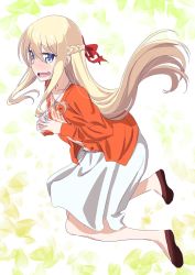 Rule 34 | 1girl, blonde hair, blue eyes, blush, brown footwear, casual, collarbone, embarrassed, floating hair, from side, full body, hair between eyes, hair ribbon, highres, jacket, jewelry, long hair, makicha (sasurainopink), necklace, new game!, open clothes, open jacket, open mouth, orange jacket, red ribbon, ribbon, skirt, solo, very long hair, white skirt, yagami kou