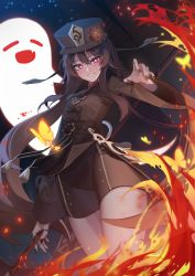 Rule 34 | 1girl, absurdres, black headwear, black nails, black shorts, brown hair, bug, butterfly, chinese clothes, cowboy shot, cyry3732, closed eyes, fire, genshin impact, ghost, highres, holding, holding weapon, hu tao (genshin impact), insect, jewelry, long hair, looking at viewer, nail polish, night, polearm, red eyes, ring, shorts, smile, solo, symbol-shaped pupils, twintails, weapon, wind, wind lift