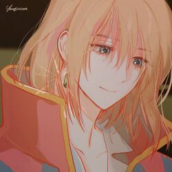 Rule 34 | 1boy, blonde hair, blue eyes, close-up, collared coat, commentary request, earrings, hair between eyes, highres, howl (howl no ugoku shiro), howl no ugoku shiro, jewelry, light smile, looking down, male focus, medium hair, shirt, sidelocks, solo, white shirt, yoursincere