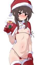 1girl absurdres bikini blush breasts brown_hair capelet choker christmas christmas_present condom covered_erect_nipples fur-trimmed_capelet fur-trimmed_gloves fur-trimmed_headwear fur-trimmed_thighhighs fur_trim gift gloves gluteal_fold hat highres kagironsfw kono_subarashii_sekai_ni_shukufuku_wo! megumin navel nipples red_bikini red_capelet red_eyes red_gloves red_thighhighs santa_bikini santa_hat short_hair_with_long_locks simple_background small_breasts solo swimsuit thighhighs white_background