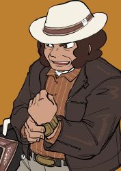 Rule 34 | 1boy, alternate costume, belt, belt buckle, black eyes, bright pupils, brown background, brown hair, brown jacket, brown ribbon, brown shirt, buckle, clay (pokemon), collared shirt, commentary, creatures (company), elizabeth (tomas21), game freak, hat, hat ribbon, highres, jacket, long sleeves, male focus, nintendo, open clothes, open jacket, open mouth, pants, pokemon, pokemon bw, ribbon, shirt, short hair, simple background, solo, teeth, upper teeth only, watch, white hat, white pupils, wristwatch, zipper