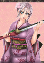 Rule 34 | 1041 (toshikazu), 1girl, blue eyes, flower, hair flower, hair ornament, isabella valentine, japanese clothes, looking at viewer, purple hair, solo, soul calibur, sword, weapon