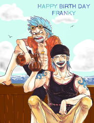 Rule 34 | 2boys, blue hair, brothers, franky (one piece), iceburg, male focus, multiple boys, one piece, p (nukumise), siblings, sitting, water 7, aged down