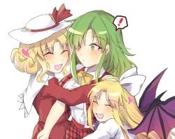 Rule 34 | !, 3girls, artist request, bat wings, blonde hair, blush, bow, closed eyes, closed mouth, dress, elly (touhou), fang, green eyes, green hair, hairband, hat, hat bow, heart, highres, hug, kazami yuuka, kazami yuuka (pc-98), kurumi (touhou), long sleeves, multiple girls, one eye covered, open clothes, open mouth, open vest, pants, plaid, plaid pants, plaid vest, pointy ears, purple bow, purple neckwear, red bow, red dress, red pants, red vest, shirt, short sleeves, simple background, sweatdrop, touhou, touhou (pc-98), vest, white background, white bow, white hairband, white headwear, white shirt, wings, yellow bow, yellow neckwear