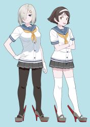 Rule 34 | 2girls, black hair, black legwear, blue background, blue eyes, blue sailor collar, breasts, closed mouth, crossed arms, full body, gloves, grey skirt, hair ornament, hair over one eye, hairband, hairclip, hamakaze (kancolle), hand on own hip, highres, kantai collection, large breasts, multiple girls, ojipon, open mouth, pantyhose, pleated skirt, rudder footwear, sailor collar, school uniform, serafuku, short hair, short sleeves, simple background, skirt, standing, tanikaze (kancolle), thighhighs, white gloves, white hairband, white legwear, yellow eyes, yellow neckwear