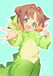 Rule 34 | + +, 1girl, :d, absurdres, aqua background, brown hair, colored inner hair, commentary, cosplay, fang, foreshortening, green eyes, hair intakes, highres, hood, hood down, kigurumi, light blush, long sleeves, looking at viewer, mochitsuki kagami, multicolored hair, oka asahi, onesie, onii-chan wa oshimai!, open mouth, orange hair, outline, outstretched arm, puffy long sleeves, puffy sleeves, short hair, simple background, smile, solo, two-tone hair, two side up, v, white outline, zipper pull tab