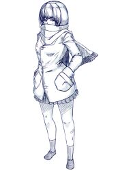 Rule 34 | 1girl, bandaid, bandaid on leg, coat, covered mouth, enpera, full body, greyscale, hands in pockets, hartman, long hair, long sleeves, looking at viewer, looking to the side, monochrome, original, pleated skirt, scarf, scarf over mouth, school uniform, shoes, simple background, skirt, socks, solo, white background