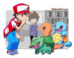 Rule 34 | 2boys, anniversary, blue oak, blue pants, brown hair, bulbasaur, charmander, chibi, closed mouth, commentary request, creatures (company), crossed arms, game freak, gen 1 pokemon, hand on own chin, hat, jacket, koromochi (26 corom), male focus, multiple boys, nintendo, open clothes, open jacket, outline, pants, pokemon, pokemon (creature), pokemon rgby, purple shirt, red (pokemon), shirt, shoes, short hair, spiked hair, squatting, squirtle, starter pokemon trio, stroking own chin, thinking, white footwear