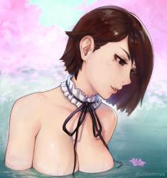Rule 34 | 1girl, breasts, brown eyes, brown hair, choker, cleavage, from side, large breasts, mole, mole under eye, outdoors, parted lips, petals, short hair, smile, solo, unsomnus, upper body, water