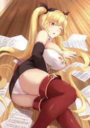 Rule 34 | 1girl, absurdres, arm support, ass, azur lane, bare shoulders, black ribbon, blonde hair, blush, boots, breasts, cleavage, commentary request, detached sleeves, fallen down, hair ribbon, highres, huge breasts, indoors, long hair, lying, manno (kanpi2100), neck ribbon, nelson (azur lane), on side, one eye closed, open mouth, panties, pantyshot, paperwork, red eyes, red footwear, ribbon, sidelocks, solo, sweatdrop, thigh boots, thighhighs, twintails, underwear, very long hair, white ribbon, wooden floor