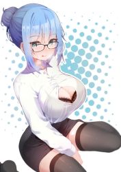 Rule 34 | 1girl, :p, black-framed eyewear, black bra, black thighhighs, blue eyes, blue hair, blush, bra, breasts, button gap, cleavage, closed mouth, collarbone, collared shirt, commentary, commentary request, commission, formal, glasses, hair between eyes, heart, heart-shaped pupils, k pring, lace, lace-trimmed bra, lace trim, large breasts, long sleeves, looking at viewer, medium hair, office lady, original, pencil skirt, shirt, simple background, sitting, skirt, skirt suit, solo, steam, suit, sweat, symbol-shaped pupils, thighhighs, tongue, tongue out, underwear, wariza, white shirt