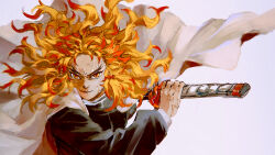Rule 34 | 1boy, blonde hair, cape, closed mouth, colored tips, demon slayer uniform, f rabbit, fighting stance, flame print, floating cape, floating clothes, floating hair, forked eyebrows, highres, holding, holding sword, holding weapon, katana, kimetsu no yaiba, long hair, long sleeves, male focus, multicolored hair, ready to draw, red hair, rengoku kyoujurou, simple background, smile, solo, streaked hair, sword, traditional media, upper body, veins, weapon, white background, white cape, yellow eyes