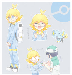 Rule 34 | 2boys, :d, akasaka (qv92612), backpack, bag, baseball cap, black hair, blonde hair, bottle, clemont (pokemon), clenched hands, closed eyes, closed mouth, commentary request, creatures (company), game freak, gen 4 pokemon, glasses, gotcha!, green headwear, grey eyes, hands up, hat, high collar, holding, holding bottle, jumpsuit, long sleeves, male focus, multiple boys, nintendo, notice lines, opaque glasses, open mouth, outline, pokemon, pokemon (creature), pokemon masters ex, pokemon xy, scottie (pokemon), shinx, shirt, short hair, sleeveless, sleeveless jacket, smile, tongue, translation request, water bottle, white bag, white shirt