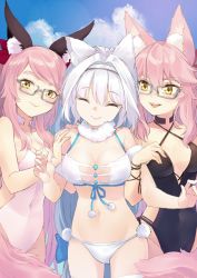 Rule 34 | 3girls, animal ear fluff, animal ears, bare shoulders, bikini, black one-piece swimsuit, blue bow, blue eyes, blue sky, blush, bow, breasts, cat ears, cat girl, cat tail, cleavage, closed eyes, coffeekite, collarbone, covered navel, dobrynya nikitich (fate), dobrynya nikitich (twin tail) (fate), fate/grand order, fate (series), fox ears, fox girl, fox tail, fur collar, glasses, hair between eyes, hair bow, hairband, highleg, highleg swimsuit, highres, koyanskaya (fate), koyanskaya (twin tail) (fate), large breasts, long hair, looking at viewer, low ponytail, multiple girls, navel, one-piece swimsuit, pink hair, sidelocks, sky, smile, swept bangs, swimsuit, tail, tamamo (fate), thighs, white bikini, white hair, white one-piece swimsuit, yellow eyes