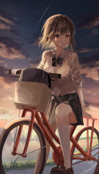 Rule 34 | 1girl, absurdres, bag, bicycle, bird, black bow, black skirt, blue sky, blunt bangs, bow, bowtie, brown footwear, brown hair, building, chabi, cloud, cloudy sky, collared shirt, foot out of frame, grass, grey eyes, highres, holding, lake, light blush, long sleeves, looking away, looking to the side, open mouth, orange sky, original, pleated skirt, road, school uniform, shirt, short hair, skirt, sky, socks, solo, standing, standing on one leg, star (sky), sunset, uniform, white shirt, white socks